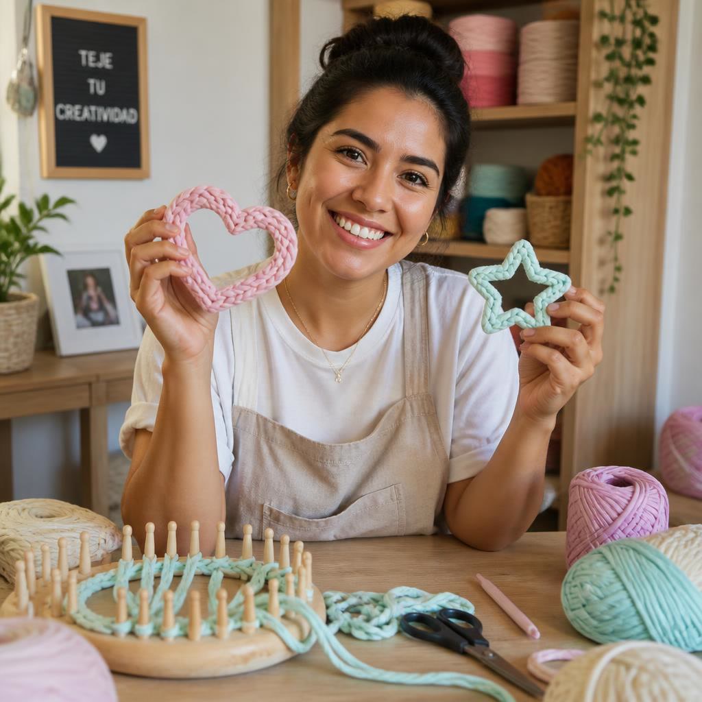 Mujer sonriendo mostrando pequeñas figuras de tricotín en forma de corazón y estrella