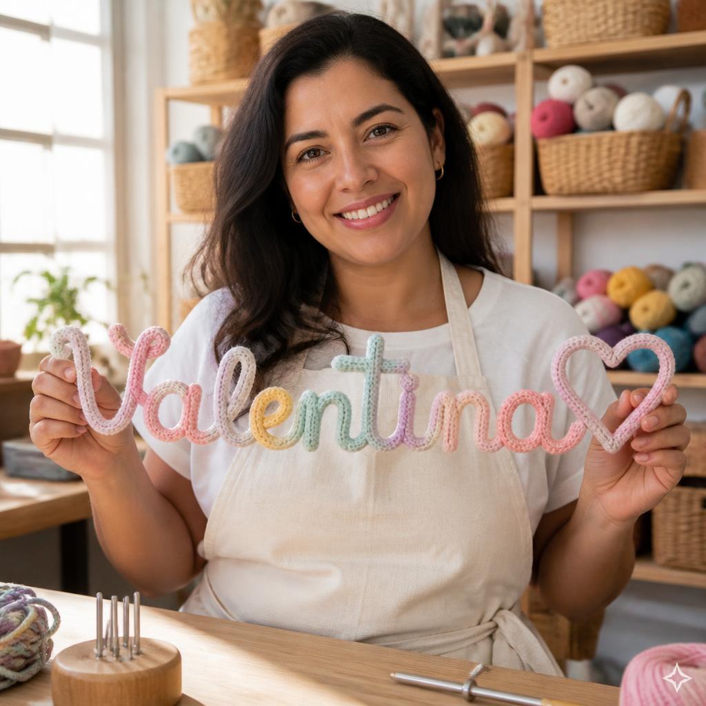 Nombre personalizado hecho con tricotín colgado en una habitación infantil