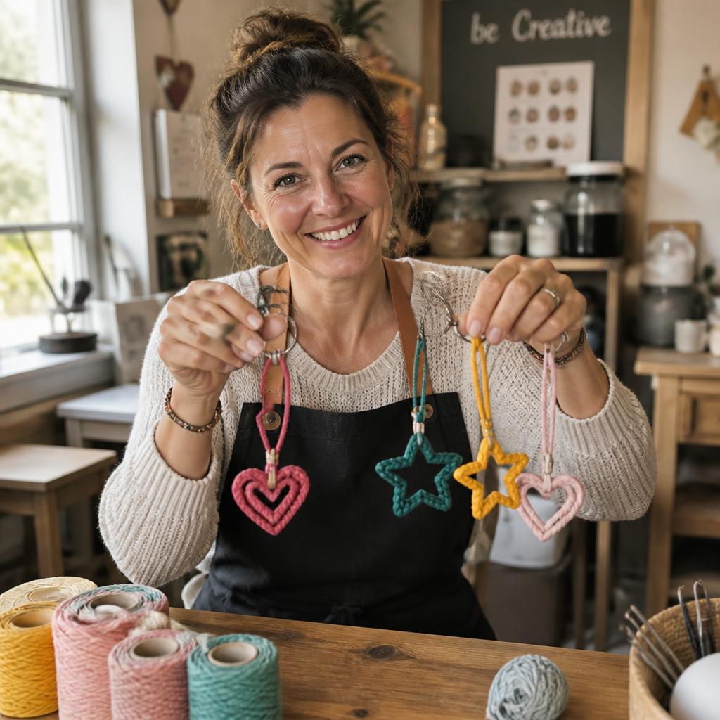 Llaveros de tricotín con corazones, flores e iniciales sobre una mesa de madera